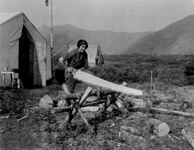 Image of Mardy Murie sawing wood at camp, n.d.