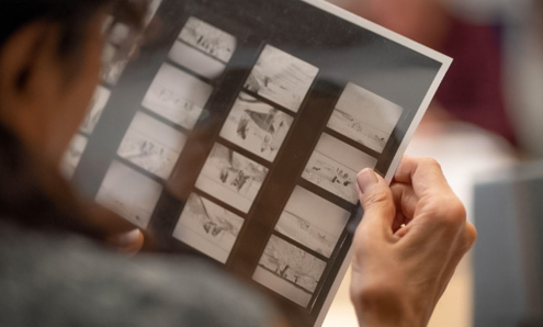 Over the shoulder view of a person looking at a page of black and white images.